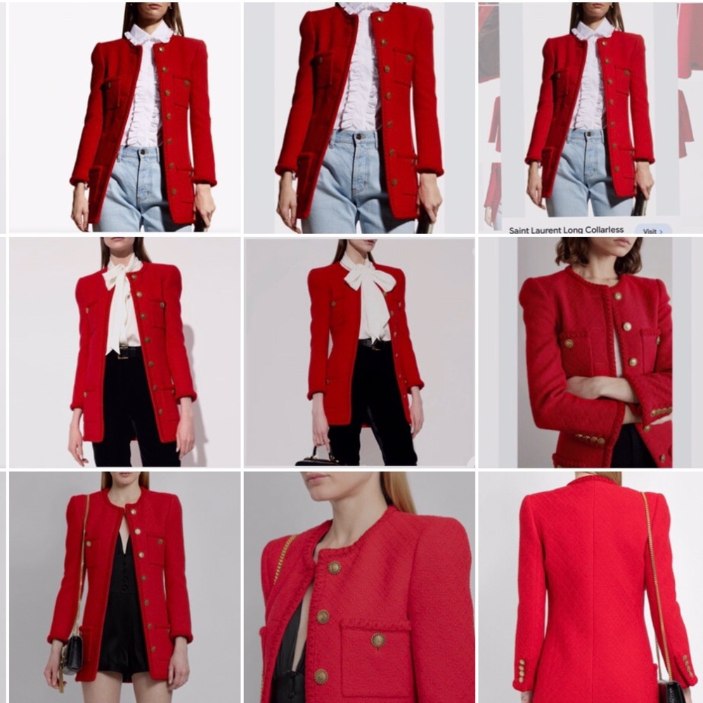 SAINT LAURENT PARIS DIAMOND EMBOSSED WOOL TWEED BLAZER JACKET RED - Picture 8 of 16